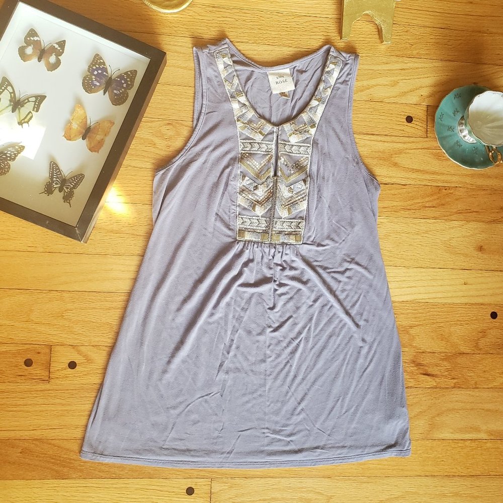 Knox Rose Blue Gray Gold Embroidered Tank